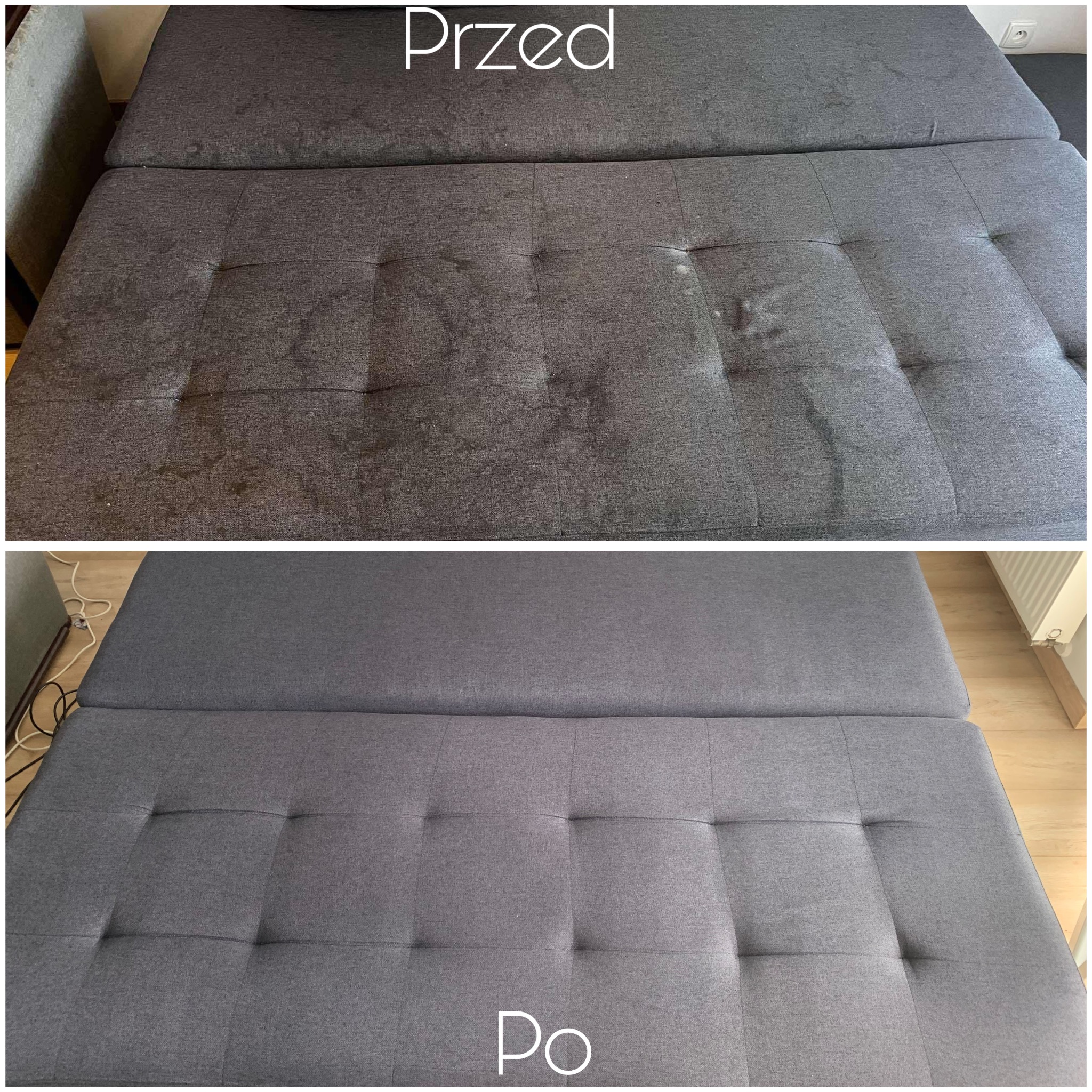 Szara sofa z tapicerką: góra - widoczne plamy i zabrudzenia; dół - czysta, odświeżona tapicerka po zabiegu czyszczenia. Układ 'przed i po'.
