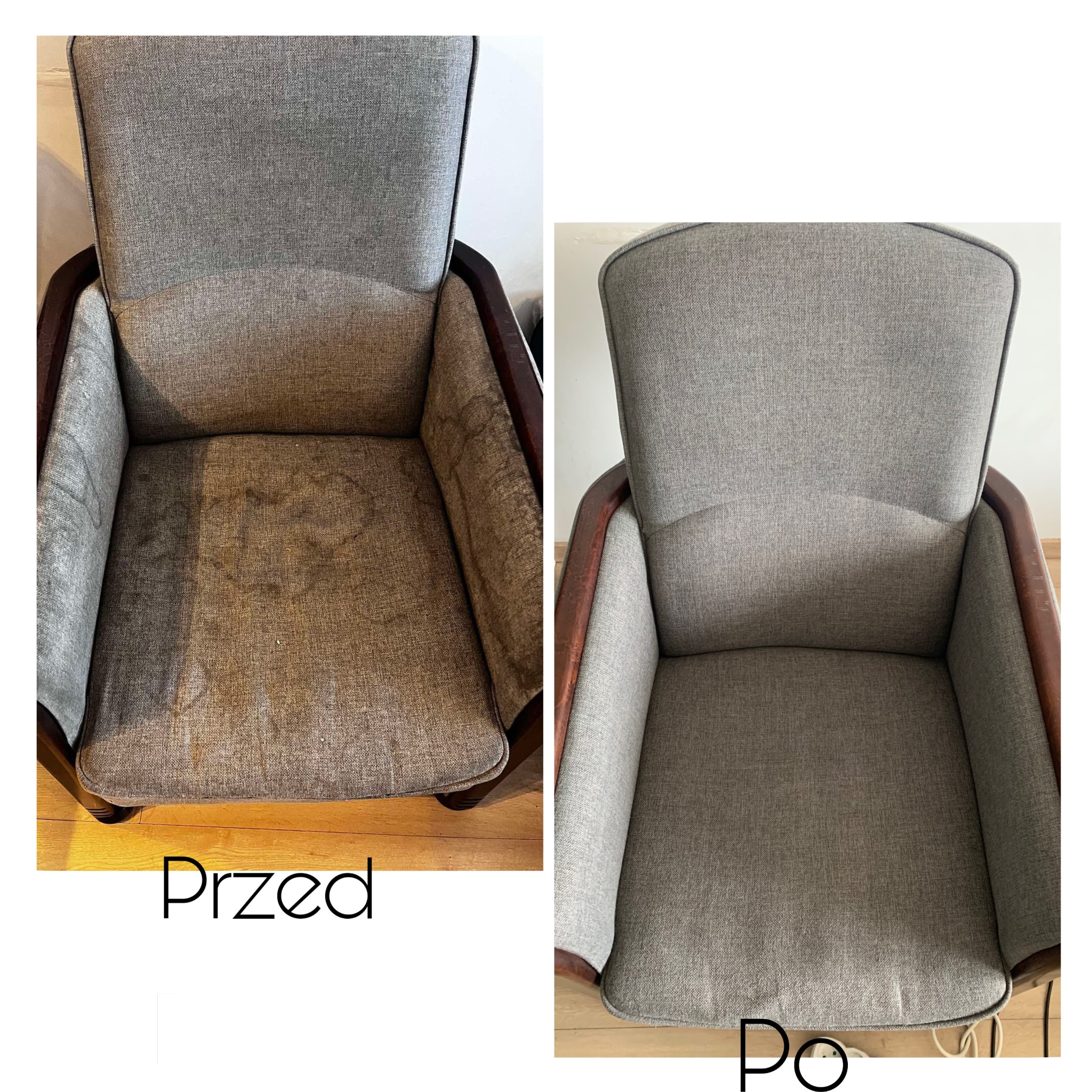 Fotel z drewnianymi elementami przed i po praniu tapicerki. Lewa strona fotela jest brudna, prawa czysta. Widoczne napisy 'Przed' i 'Po'.