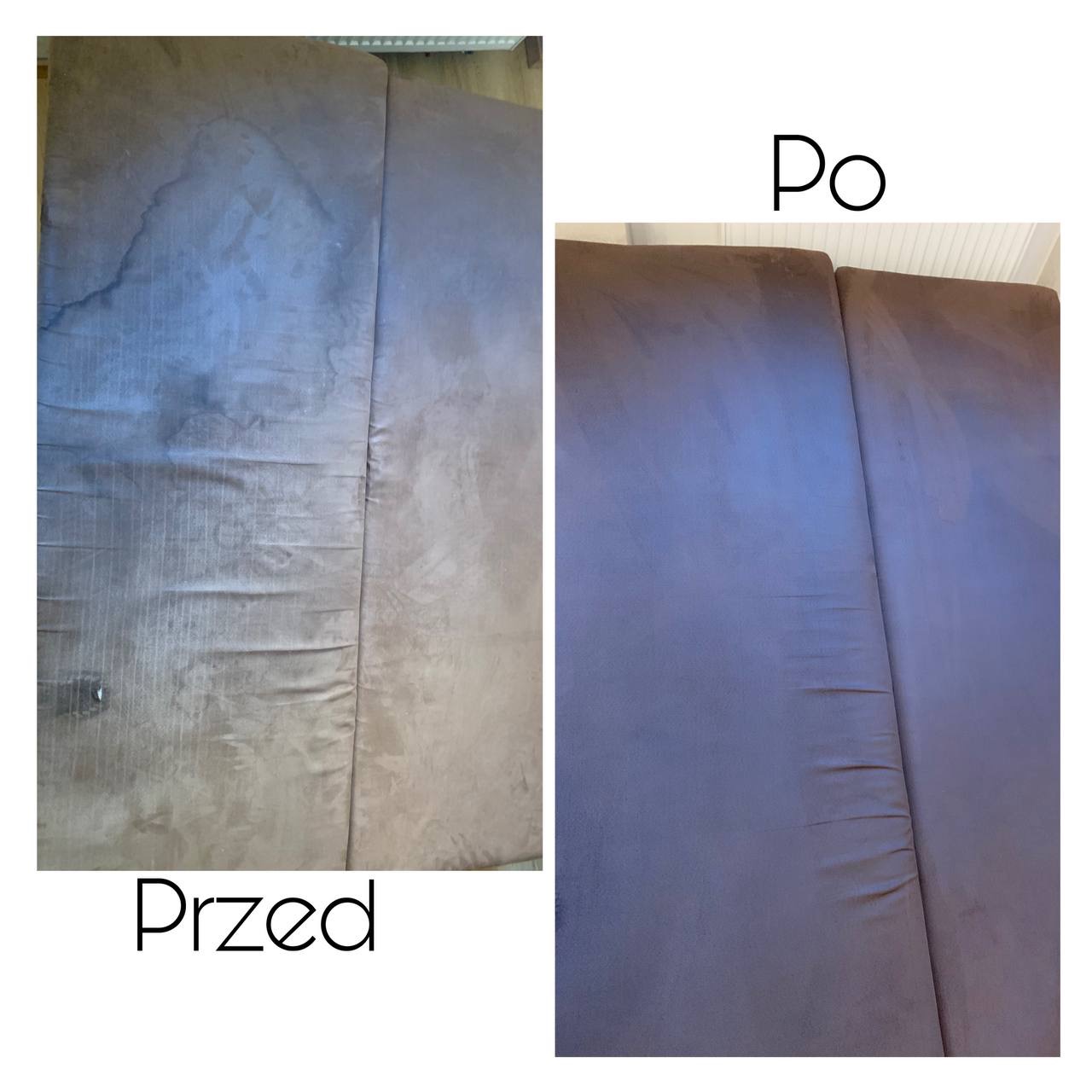 Materac składany w odcieniach brązu: po lewej stronie widoczny stan przed czyszczeniem, po prawej - po praniu. Widoczne plamy usunięte.