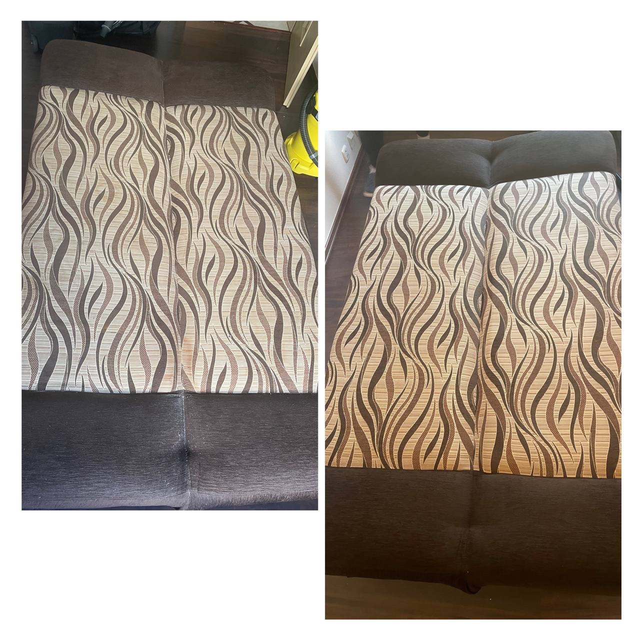 Zdjęcie 'przed i po' czyszczenia sofy z brązową tapicerką w wzory. Na lewej części widoczne zabrudzenia, prawa strona prezentuje efekt po czyszczeniu.