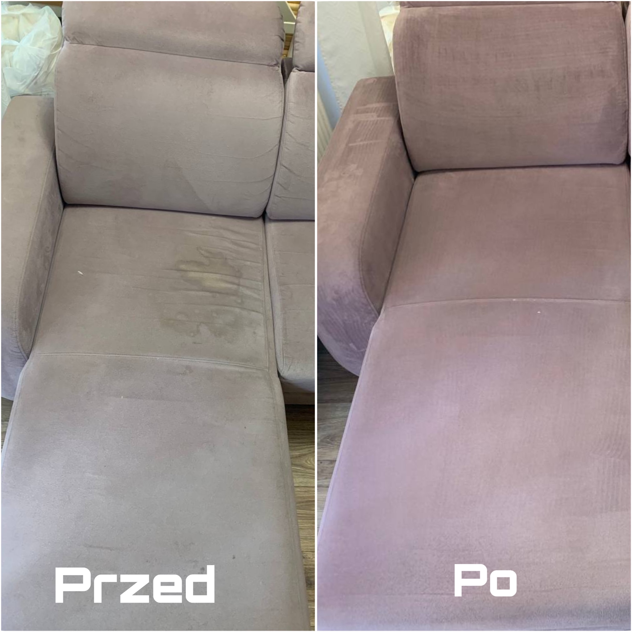 Zdjęcie przedstawia efekt prania narożnika: po lewej stronie widoczny narożnik przed czyszczeniem, z widocznymi plamami, po prawej - ten sam narożnik po praniu, czysty.