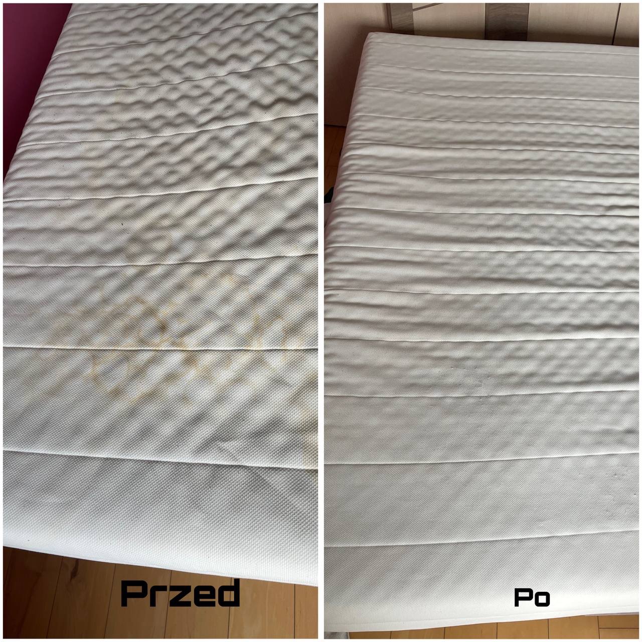Materac przed i po czyszczeniu: widoczne plamy usunięte, odświeżona biel tapicerki, ukazujące efekt profesjonalnego prania.