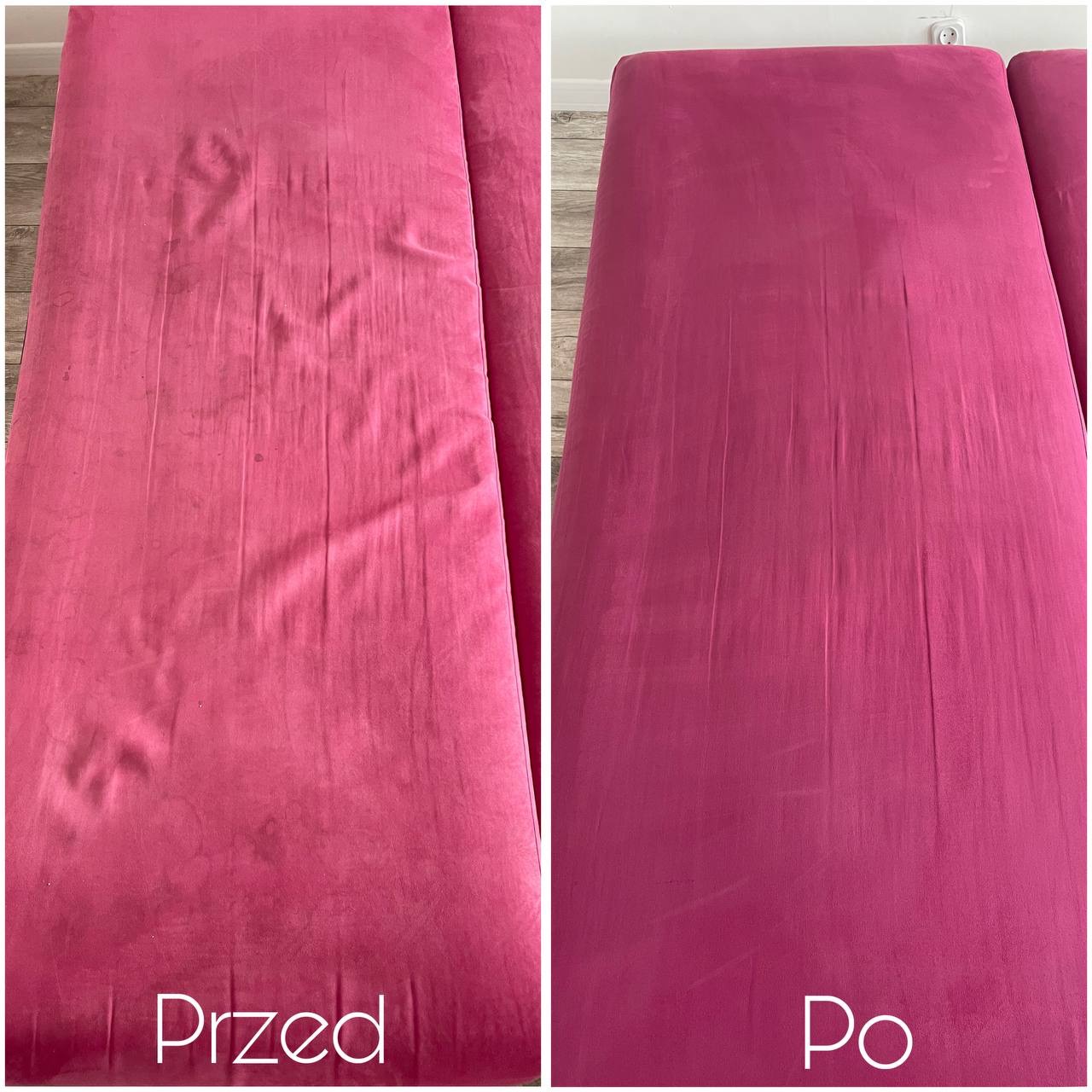 Różowa kanapa: widoczna różnica przed i po czyszczeniu. Po lewej stronie widoczne plamy, po prawej czysta, odświeżona tapicerka. Efekt prania tapicerki.