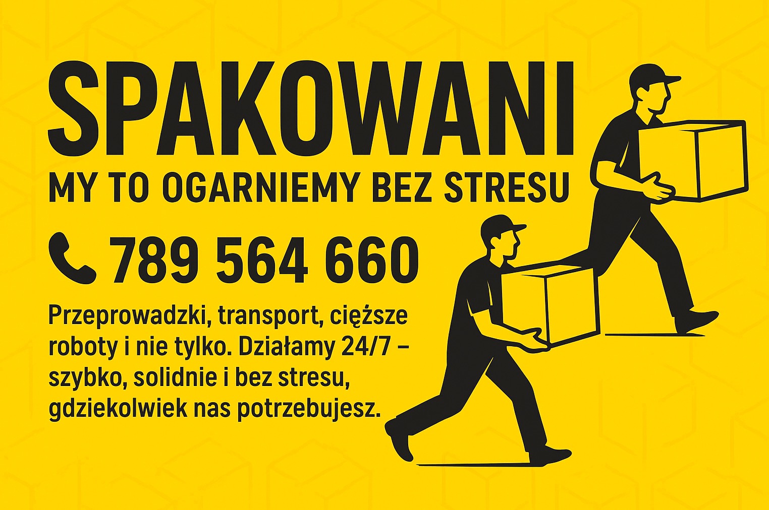 Żółty baner reklamowy firmy przeprowadzkowej z Kluczborka. Grafika z siluetkami osób niosących kartony i numerem telefonu.