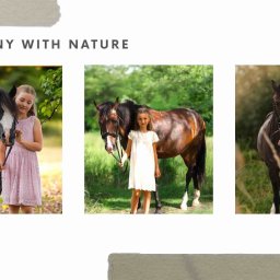aleksandralos.photo - Kolaż trzech zdjęć: dziewczynka w sukience z koniem na tle zieleni. Różne ujęcia, oświetlenie i kompozycje. Temat: harmonia z naturą, delikatność, relacja dziecko-zwierzę.