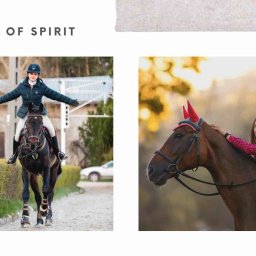 aleksandralos.photo - Dwa ujęcia: jeźdźczyni na koniu z rozłożonymi rękami i kobieta w różowej sukience, opierająca się o konia z czerwonymi ochraniaczami na uszach.