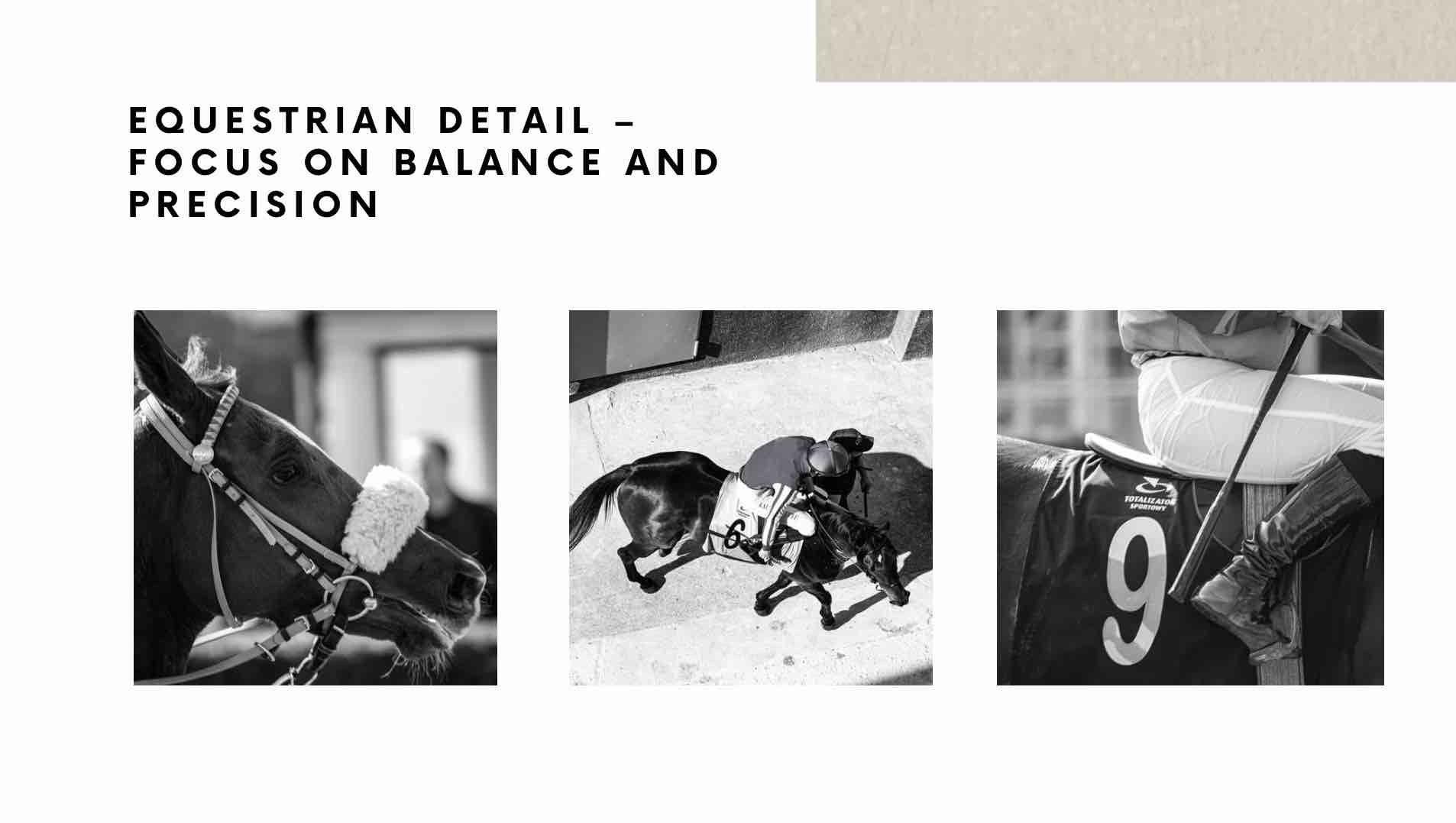 Czarno-biała kompozycja fotograficzna: zbliżenie na głowę konia z uprzężą, ujęcie z góry jeźdźca na koniu oraz detal jeźdźca z numerem 9 na derce.