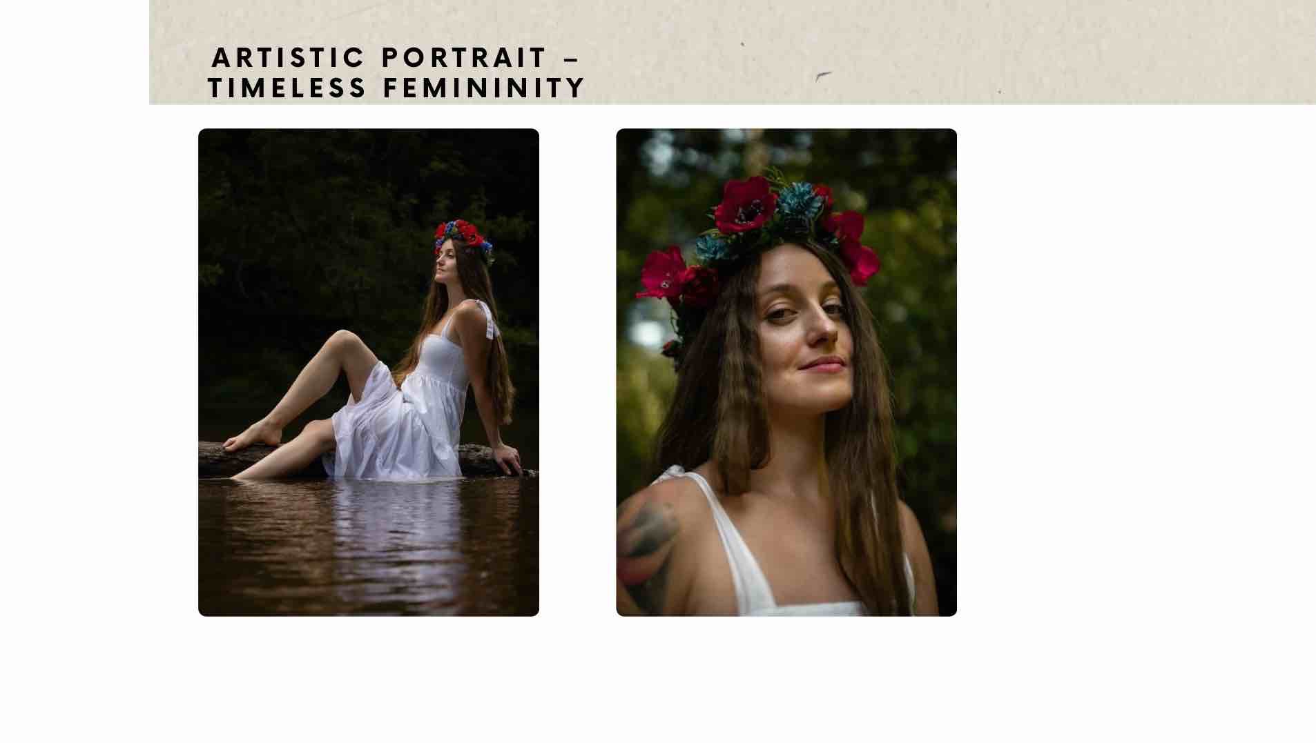 Dwa ujęcia artystycznego portretu kobiety w białej sukience i wianku na głowie, siedzącej w wodzie na tle zieleni, z bliska i z daleka, podkreślające naturalność i kobiecość.