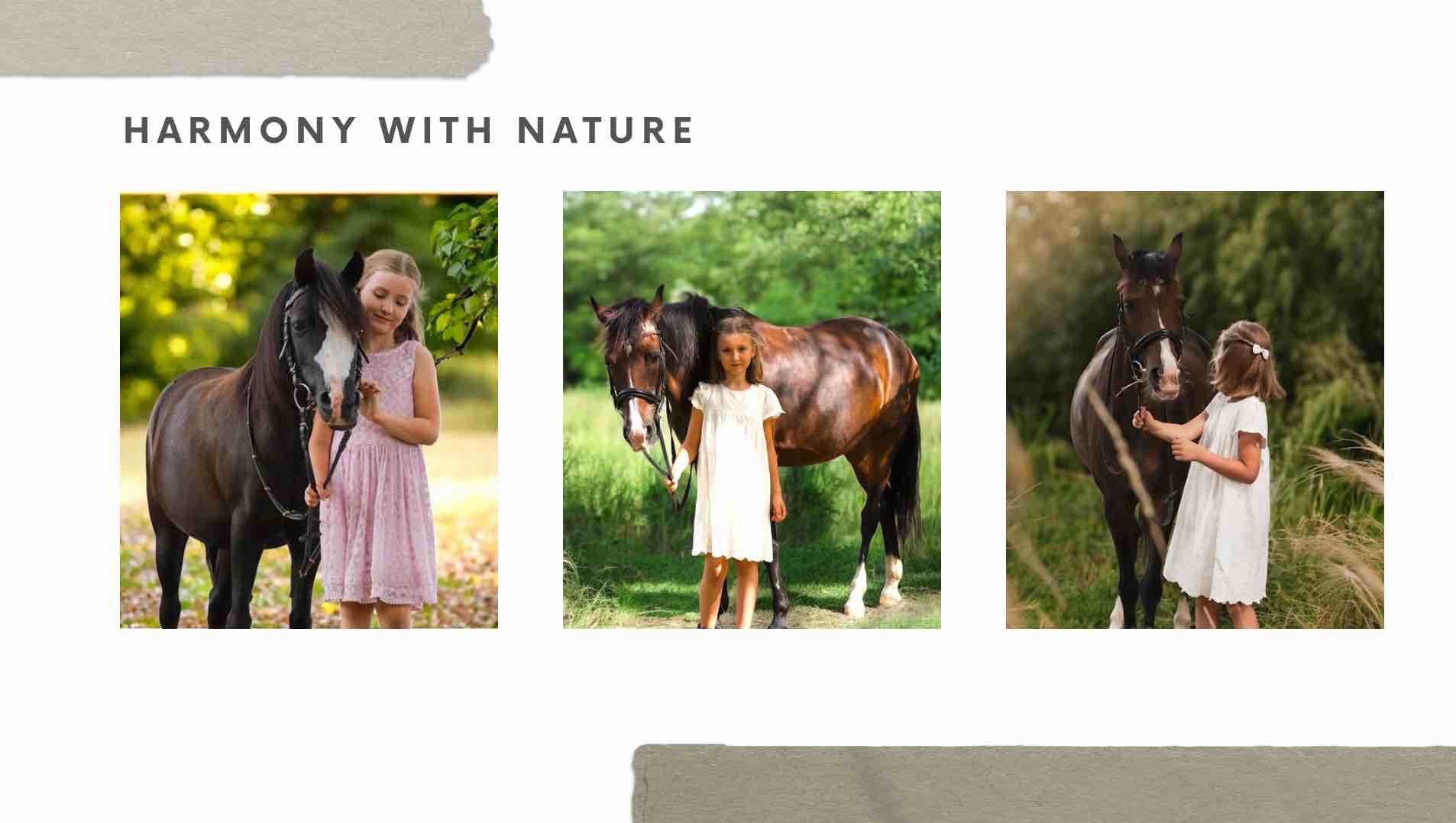 Kolaż trzech zdjęć: dziewczynka w sukience z koniem na tle zieleni. Różne ujęcia, oświetlenie i kompozycje. Temat: harmonia z naturą, delikatność, relacja dziecko-zwierzę.