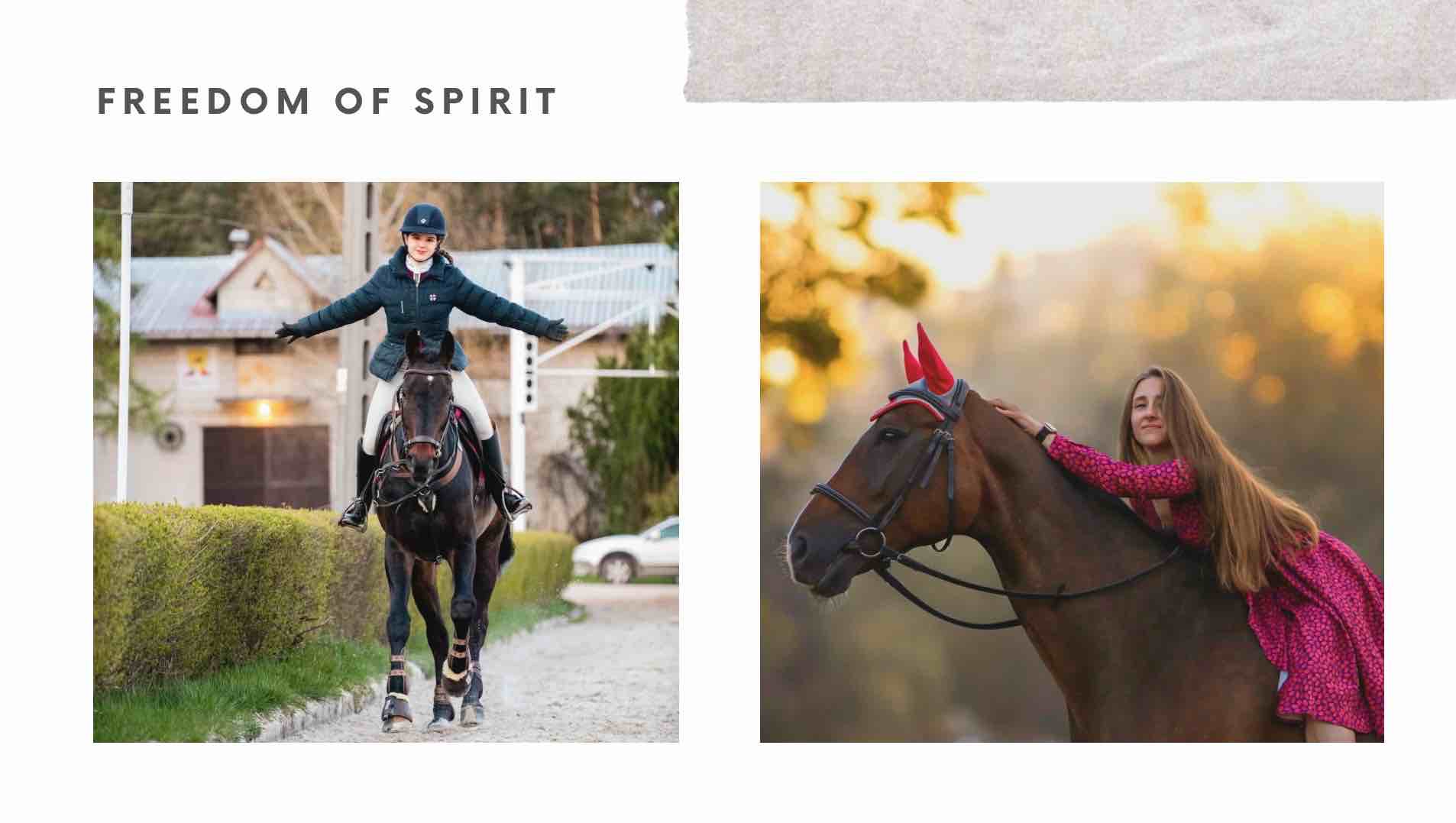 Dwa ujęcia: jeźdźczyni na koniu z rozłożonymi rękami i kobieta w różowej sukience, opierająca się o konia z czerwonymi ochraniaczami na uszach.