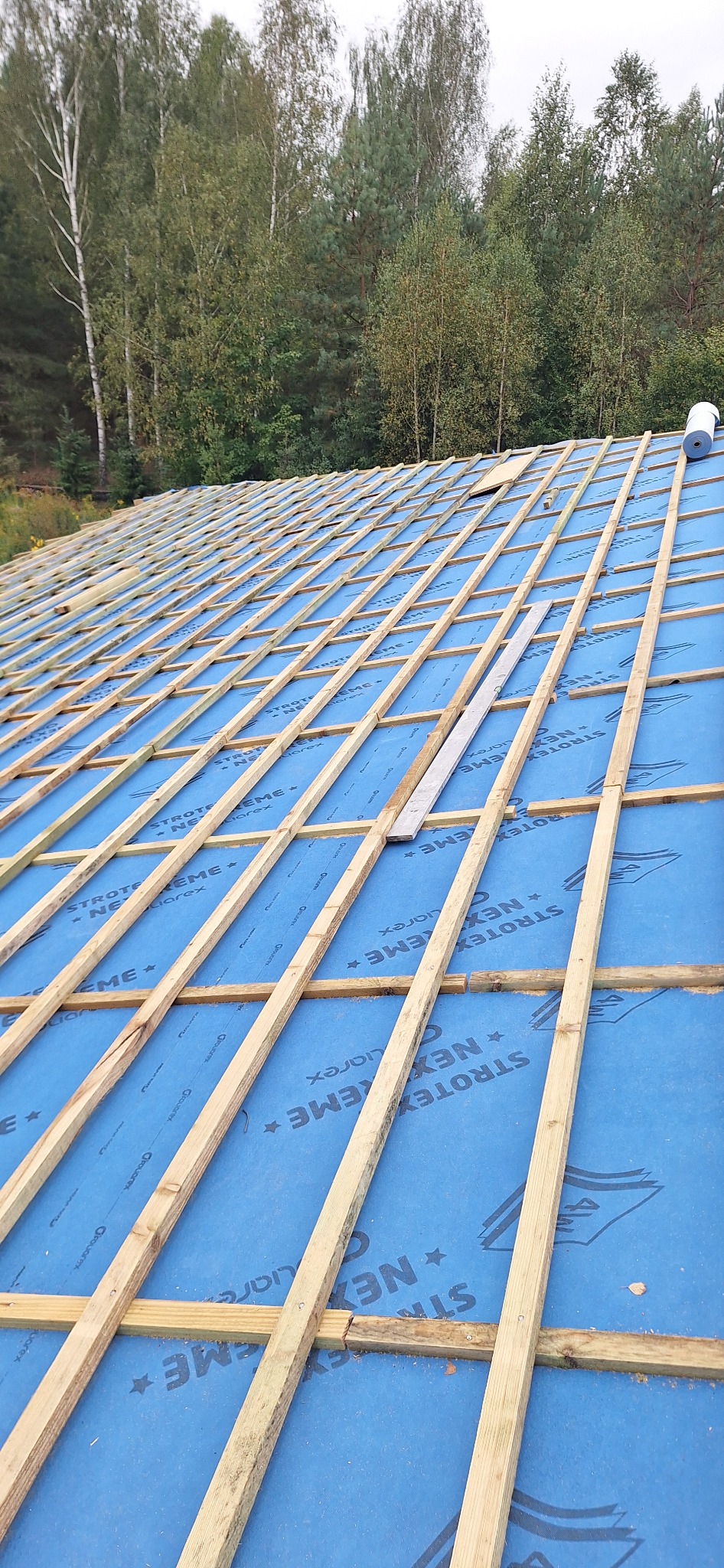 Montaż łat na niebieskiej membranie dachowej, widok z góry. W tle drzewa. Elementy więźby dachowej tworzą regularną siatkę. Rolka membrany w górnym rogu.