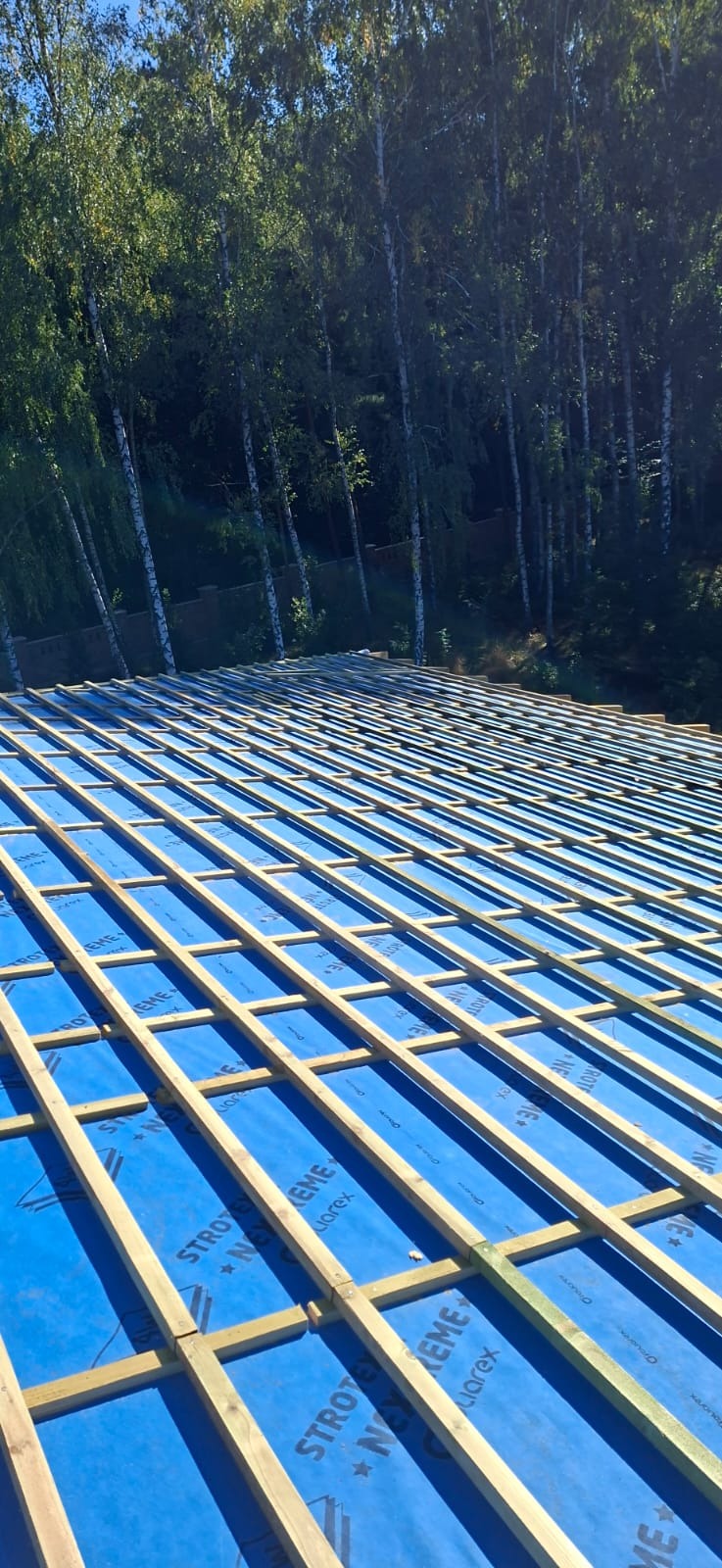 Więźba dachowa z łatami na niebieskiej membranie, widok z góry. W tle las z drzew liściastych. Elementy konstrukcyjne dachu w trakcie budowy.