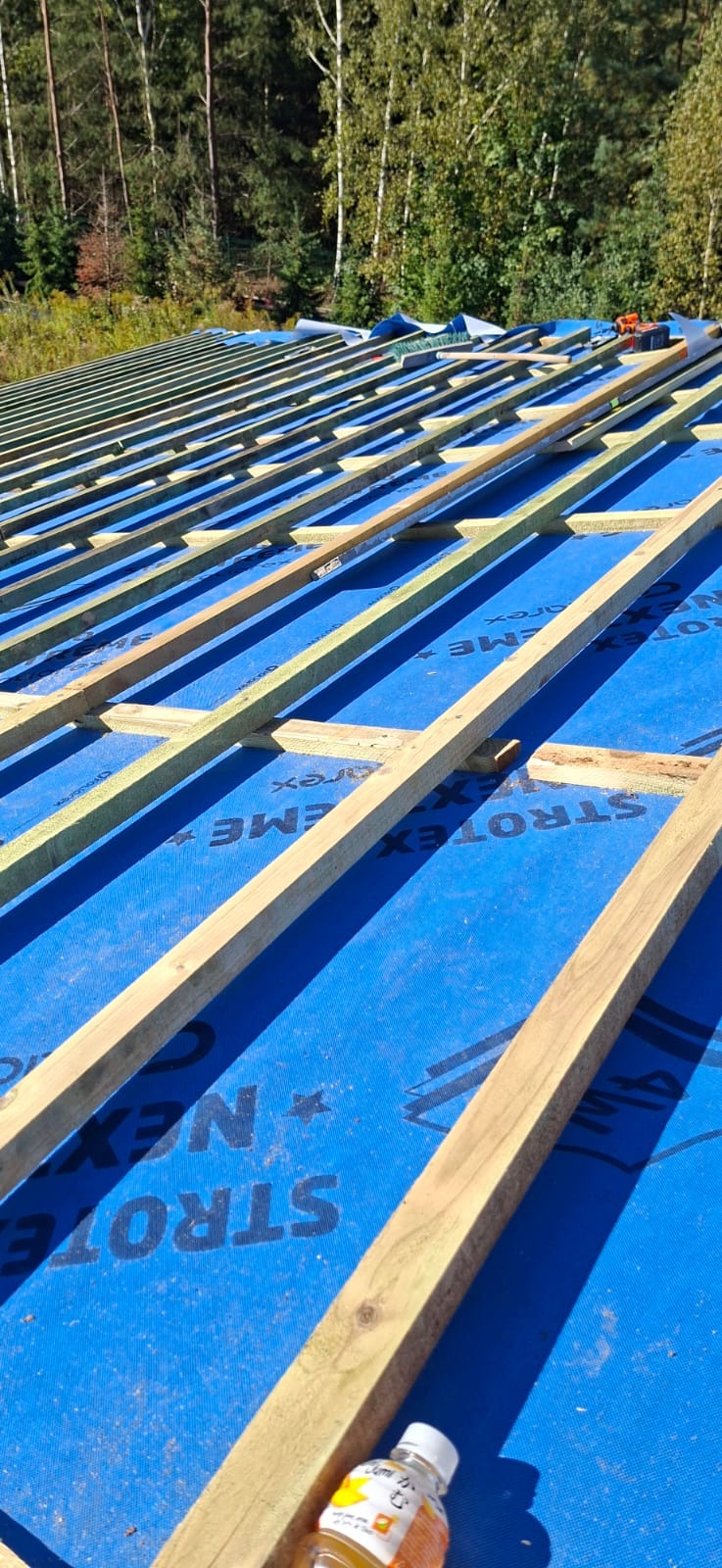 Więźba dachowa z desek na niebieskiej membranie, widok z góry. W tle las. Butelka z napojem w prawym dolnym rogu kadru.