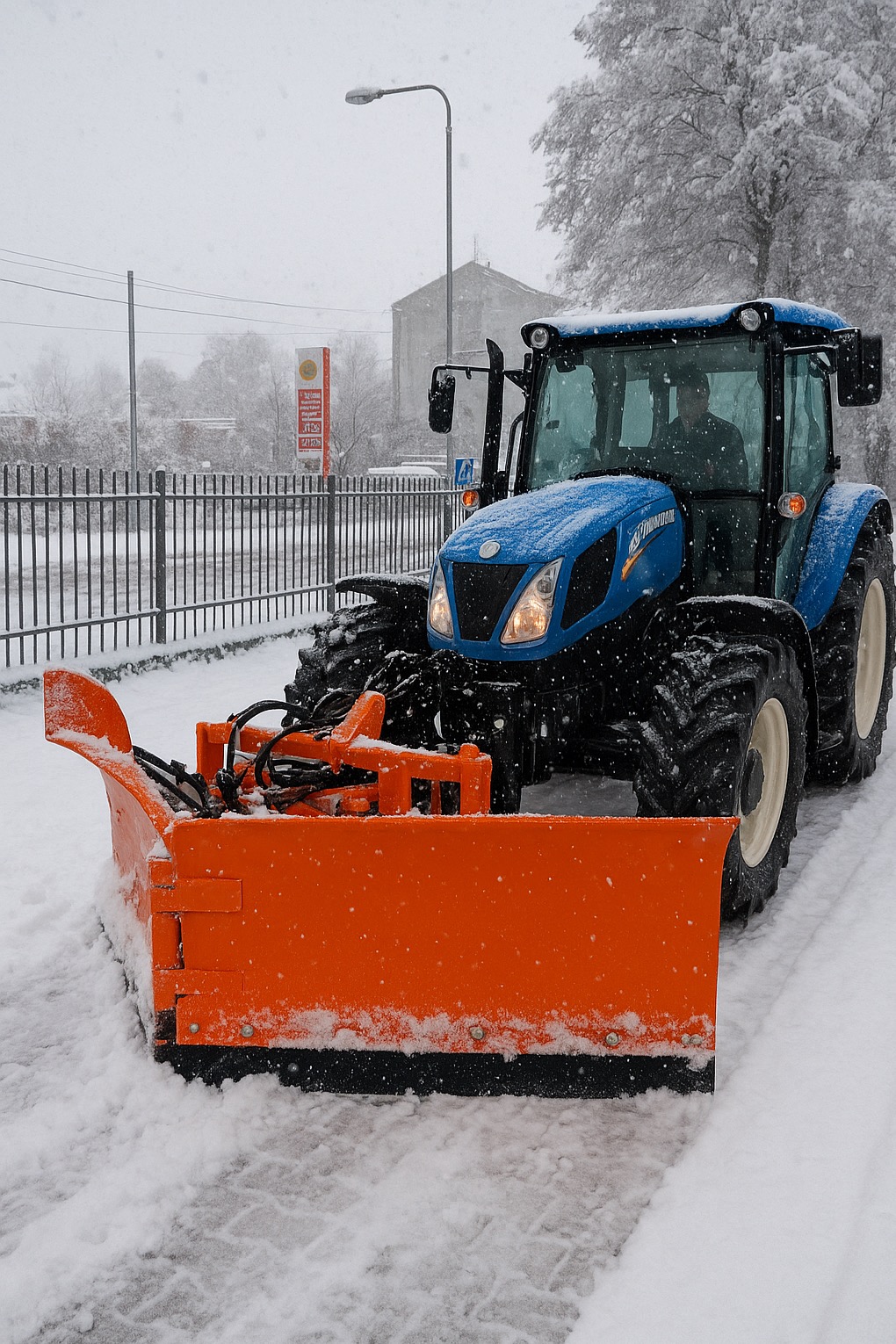 Niebieski traktor z pomarańczowym pługiem odśnieżającym na zaśnieżonej drodze; widoczne płatki śniegu, budynek w tle.