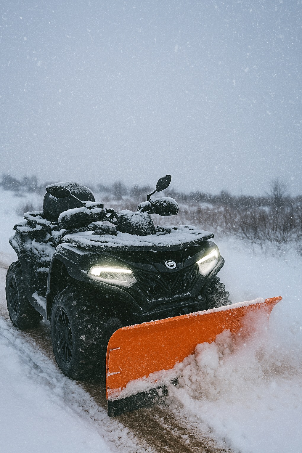 Czarny quad z pomarańczowym pługiem odśnieża drogę podczas opadów śniegu. Widoczne ślady opon w śniegu i drobne drzewa w tle.
