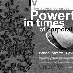 Dominik Popławski - Plakat 'Poverty in times of corporations' z motywem łuskanych pistacji i datą kongresu w Warszawie. Projekt w odcieniach szarości, z logo UNICEF.