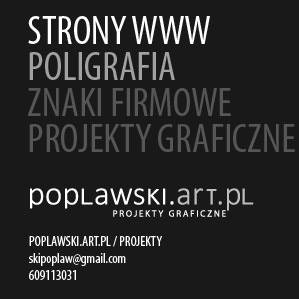 Minimalistyczna, czarno-biała grafika z tekstem: 'STRONY WWW', 'POLIGRAFIA', 'ZNAKI FIRMOWE', 'PROJEKTY GRAFICZNE', adres strony i kontakt.