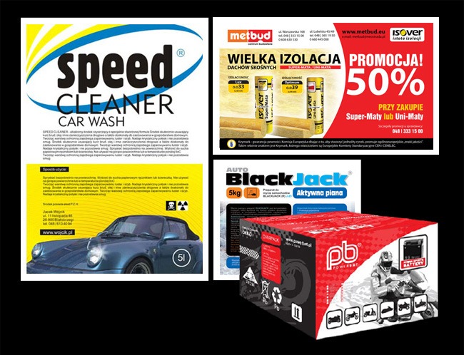 Zestaw ulotek i opakowań produktów: środka do czyszczenia aut, izolacji budowlanej, piany aktywnej i akumulatora motocyklowego. Różne formaty i style graficzne.