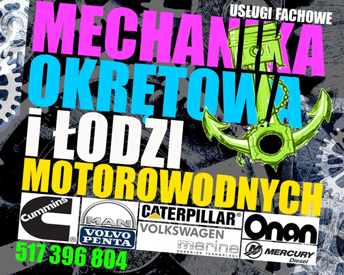 Grafika z neonowymi napisami 'Mechanika okrętowa i łodzi motorowodnych', logotypami producentów silników i numerem telefonu na tle abstrakcyjnych kształtów.