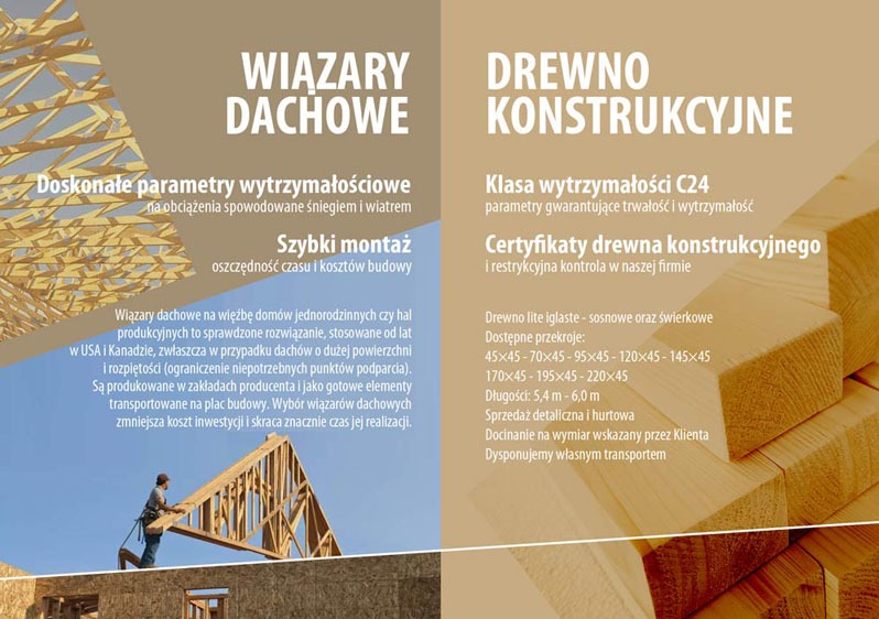 Grafika prezentuje wiązary dachowe i drewno konstrukcyjne. Na dole monter układa wiązar na budowie domu. Tekst o parametrach wytrzymałości i szybkim montażu.