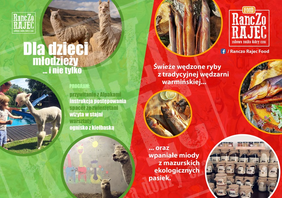 Plakat reklamowy Ranczo Rajec: alpaki, wędzone ryby i miody z mazurskich pasiek. Atrakcje dla dzieci, młodzieży i dorosłych, program pobytu.