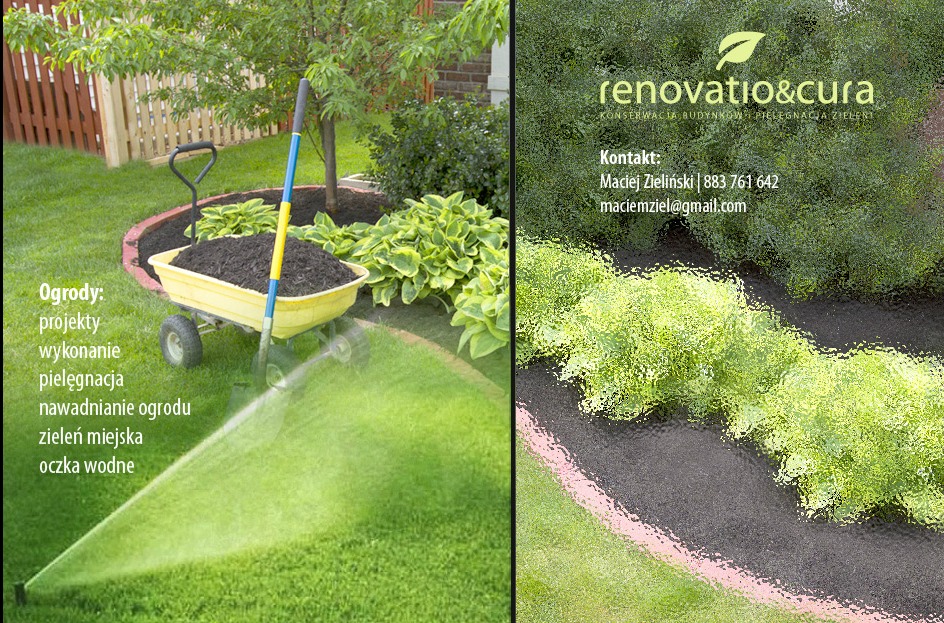 Żółta taczka z ziemią, szpadel i zraszacz na trawniku. Po prawej logo firmy ogrodniczej, ścieżka z roślinami. Prezentacja usług ogrodniczych.