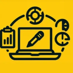 Czarno-biała ikona laptopa z ołówkiem, otoczona ikonami danych i wykresów na żółtym tle. Ilustracja dla reklamy internetowej w Poznaniu.