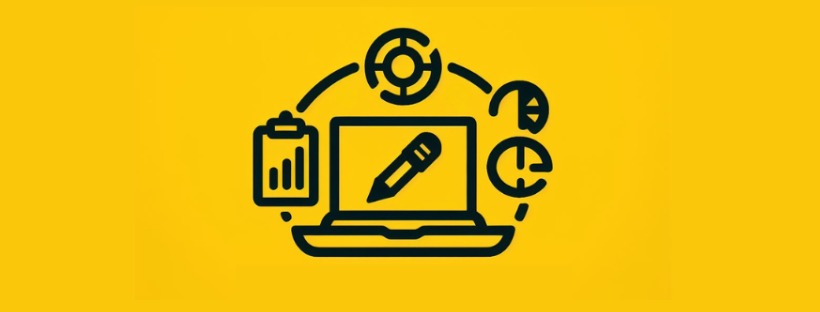 Czarno-biała ikona laptopa z ołówkiem, otoczona ikonami danych i wykresów na żółtym tle. Ilustracja dla reklamy internetowej w Poznaniu.