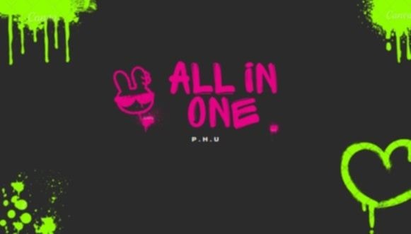 Graffiti w neonowych kolorach na ciemnym tle z napisem 'ALL IN ONE' i rysunkiem królika w okularach. Elementy przypominają farbę w sprayu.