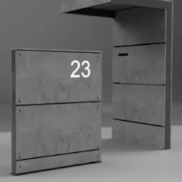 Słupek wejściowy z zadaszeniem. Słupek wejściowy z numerem posesji. Płyty betonowe. Konstrucja stalowa albo aluminiowa.