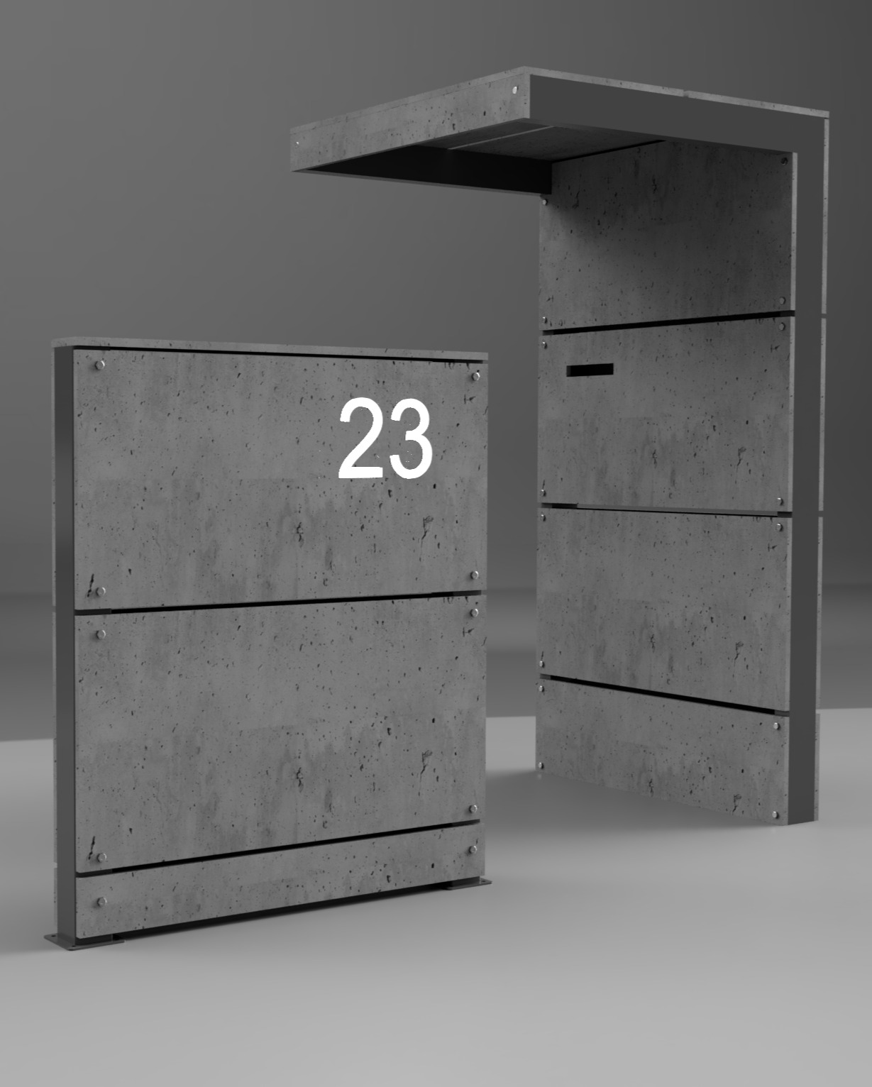 Słupek wejściowy z zadaszeniem. Słupek wejściowy z numerem posesji. Płyty betonowe. Konstrucja stalowa albo aluminiowa.