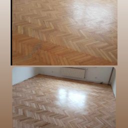 Woodstyle - Zdjęcie 'przed i po' cyklinowania parkietu ułożonego w jodełkę. Na górze parkiet zniszczony, na dole odnowiony, jasny parkiet z połyskiem. Widoczny grzejnik.