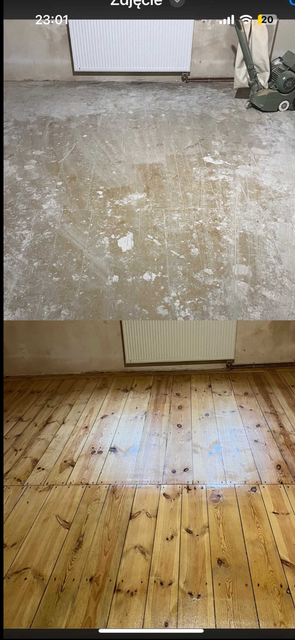 Zdjęcie przedstawia podłogę przed i po renowacji. Górna część ukazuje zniszczoną podłogę, a dolna odnowioną, drewnianą podłogę z widocznymi słojami.