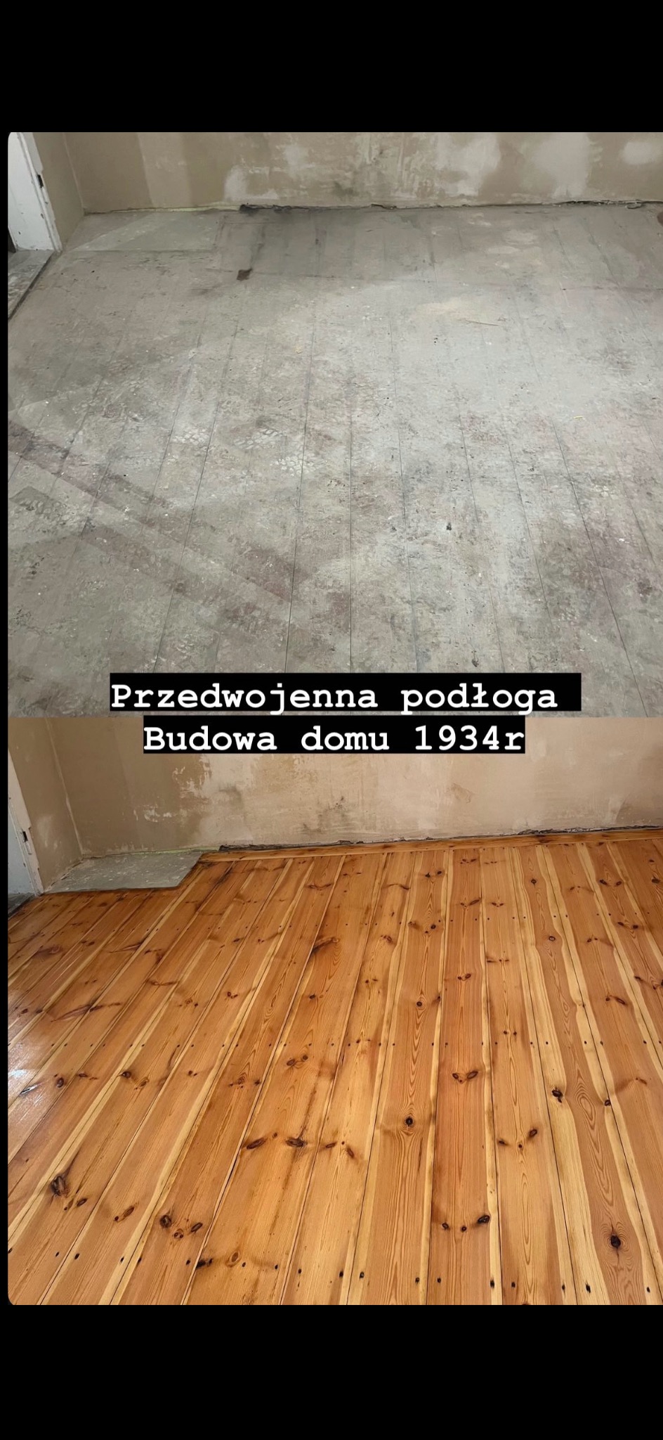 Renowacja podłogi w domu z 1934 roku: widok przed i po zabiegach. Stara, szara podłoga przed, odnowiona, drewniana i błyszcząca podłoga po.