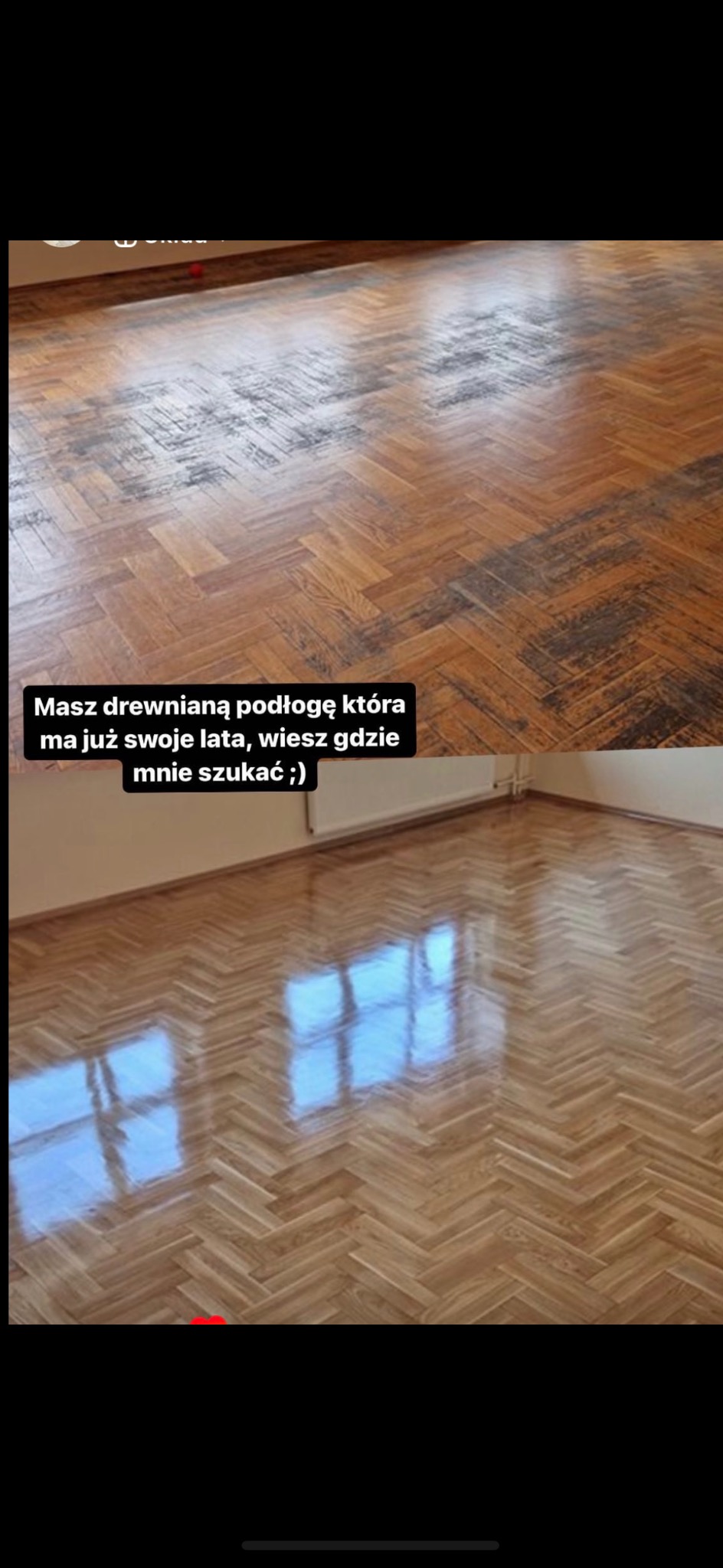 Zdjęcie podłogi parkietowej przed i po renowacji. Górna część zniszczona, dolna odnowiona, z połyskiem. Układ w jodełkę. Widoczne odbicie okna.