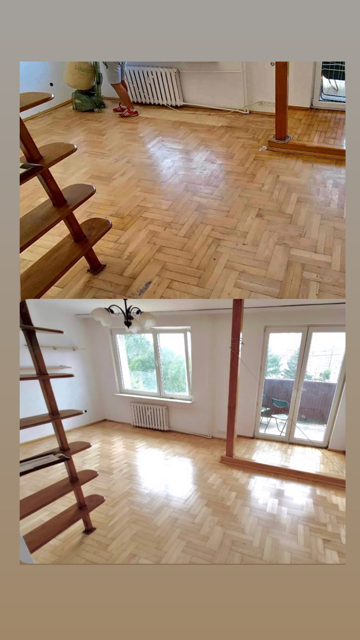Parkiet ułożony w jodełkę po renowacji, widok przed i po. Na górze pomieszczenie w trakcie prac, na dole efekt końcowy. Schody drewniane, okno balkonowe.