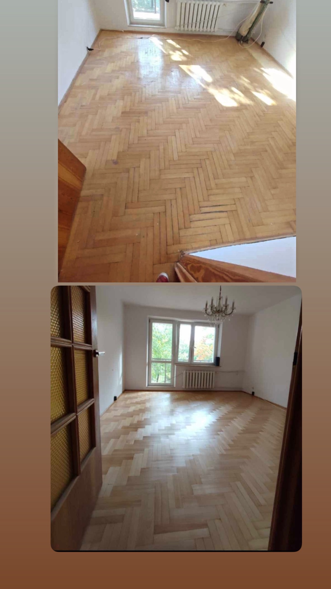 Porównanie: parkiet przed i po renowacji. Na górze zniszczona podłoga, na dole odnowiona, jasna, z widocznym wzorem jodełki. W tle okno i kaloryfer.