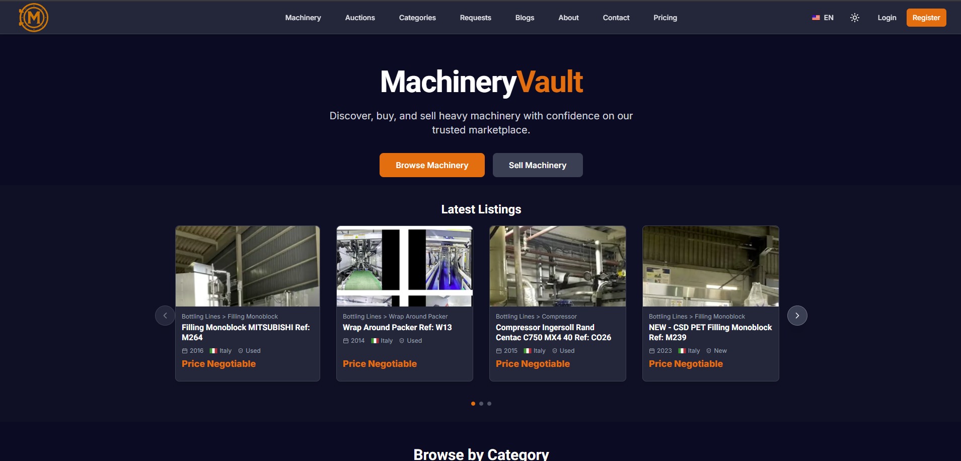 Zrzut ekranu strony MachineryVault z listą używanych maszyn do rozlewania. Mitsubishi M264, W13, Ingersoll Rand C026, CSD PET M239. Cena do negocjacji.