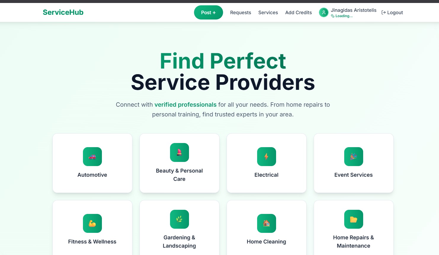 Interfejs platformy online z ofertami usług: Automotive, Beauty, Electrical, Event Services, Fitness, Gardening, Home Cleaning i Home Repairs.