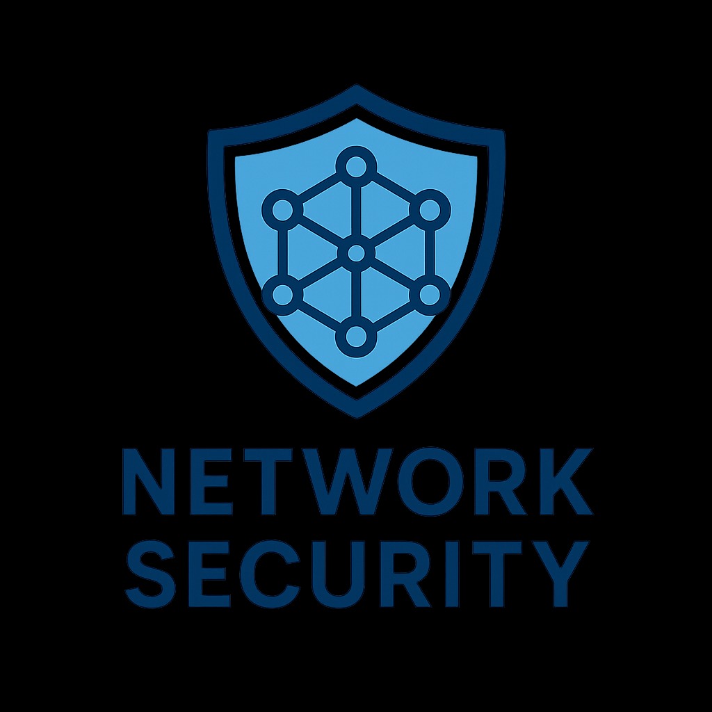 Niebieska tarcza z symbolem sieci i napisem 'Network Security' na czarnym tle. Grafika reprezentuje bezpieczeństwo sieci komputerowych.
