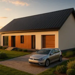 Elegancki, parterowy dom z garażem, wykończony drewnem i ciemnym dachem. Na podjeździe stoi srebrny samochód osobowy. Ujęcie z poziomu gruntu, ciepłe oświetlenie.