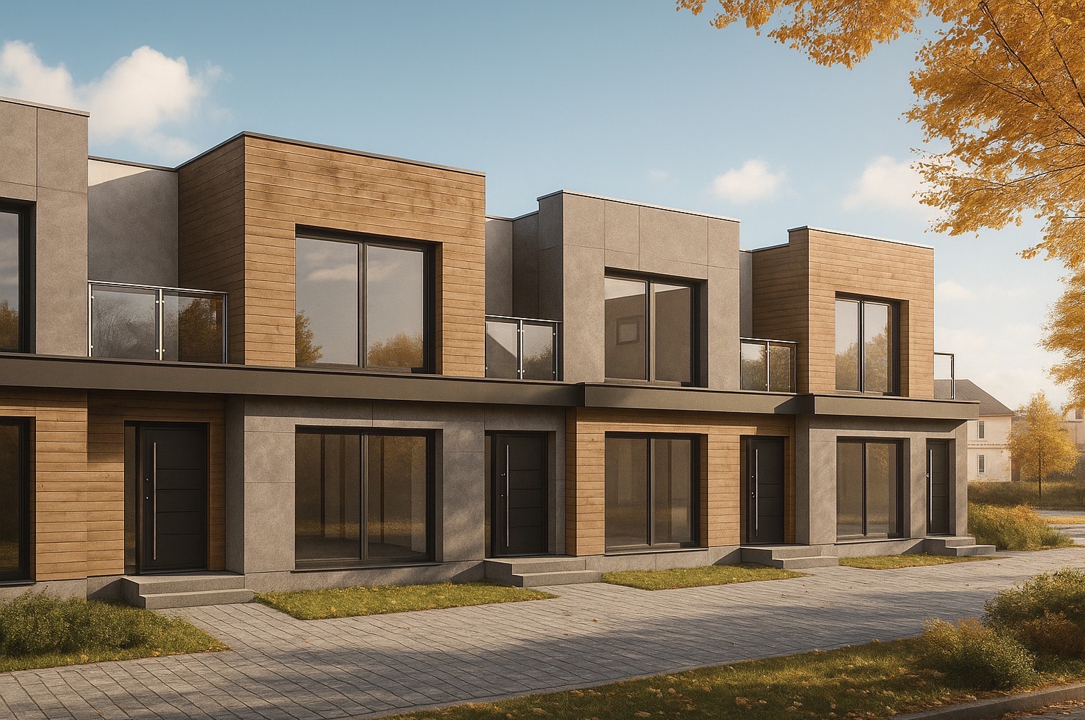 Szeregowy dom dwukondygnacyjny z balkonami i elewacją z drewna i betonu, widziany z poziomu chodnika w jesiennej scenerii.