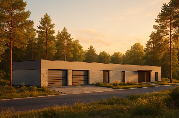 Parterowy dom z dwoma garażami w stylu nowoczesnej stodoły, wykończony kamieniem i drewnem, otoczony lasem w ciepłym świetle zachodzącego słońca.