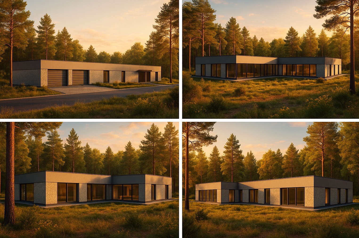 Wielokrotny widok nowoczesnego, parterowego domu z płaskim dachem, otoczonego lasem. Jasna elewacja, duże okna. Jeden widok z garażem. Ciepłe światło zachodzącego słońca.