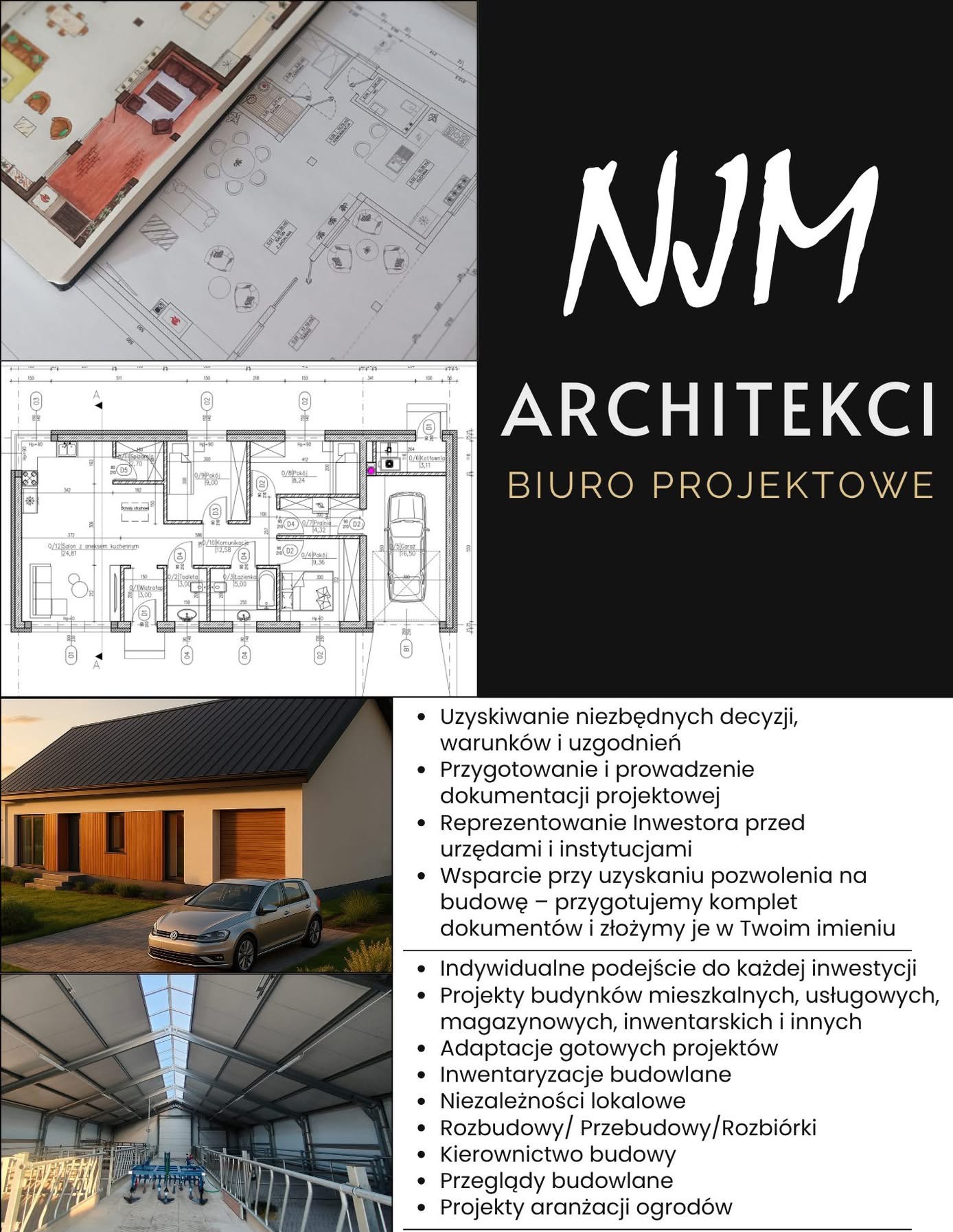 Układ domu na planach architektonicznych, wizualizacja wnętrza na tablecie, nowoczesny dom jednorodzinny, hala produkcyjna. Logo architektoniczne w tle.