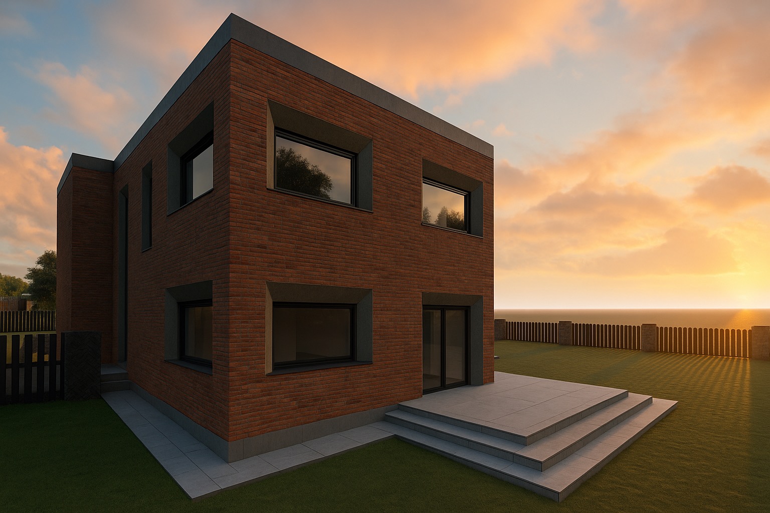 Dwukondygnacyjny dom z cegły klinkierowej w minimalistycznym stylu, z płaskim dachem i dużymi oknami, na tle zachodzącego słońca i zielonego trawnika.