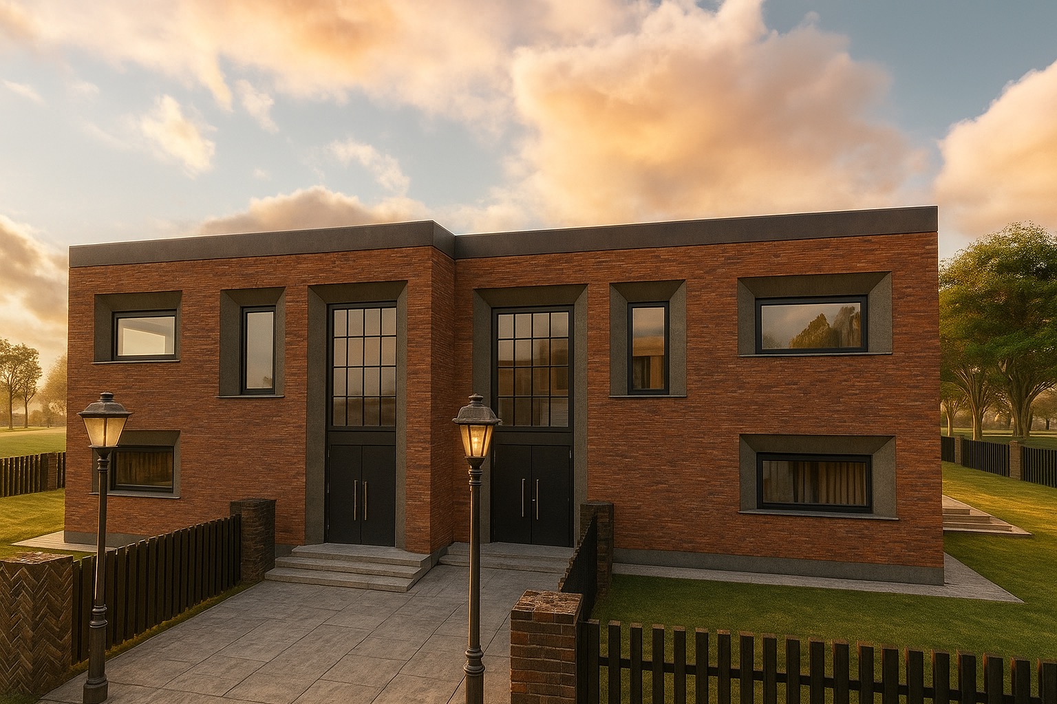 Dwukondygnacyjny budynek z cegły klinkierowej z dużymi oknami i drzwiami, oświetlony latarniami, na tle zachodzącego słońca i zieleni.