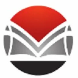 Abstrakcyjne logo w formie otwartej książki w okręgu, z gradientem czerwieni w górnej części i szarościami przechodzącymi w czerń w dolnej.