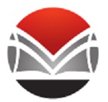 Abstrakcyjne logo w formie otwartej książki w okręgu, z gradientem czerwieni w górnej części i szarościami przechodzącymi w czerń w dolnej.