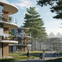 Nowoczesne budynki apartamentowe z zaokrąglonymi balkonami, otoczone zielenią i drzewami. Widoczni ludzie spacerujący po alejkach, co dodaje skali i życia do projektu.